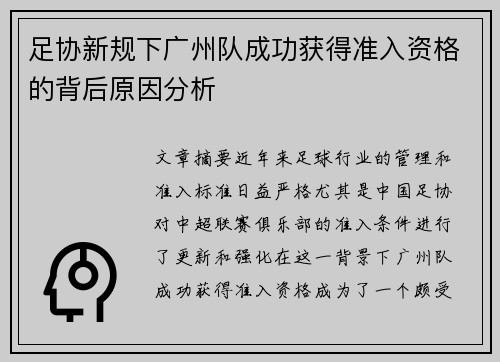 足协新规下广州队成功获得准入资格的背后原因分析